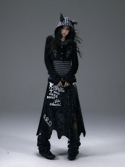 NO ROMANCE Embroidered Cross Striped Slim Hooded Buttoned Acrylic Blend Young Women Jacket