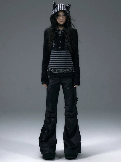 NO ROMANCE Embroidered Cross Striped Slim Hooded Buttoned Acrylic Blend Young Women Jacket