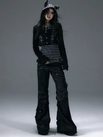 NO ROMANCE Embroidered Cross Striped Slim Hooded Buttoned Acrylic Blend Young Women Jacket