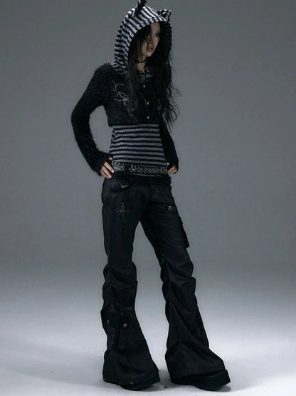 NO ROMANCE Embroidered Cross Striped Slim Hooded Buttoned Acrylic Blend Young Women Jacket