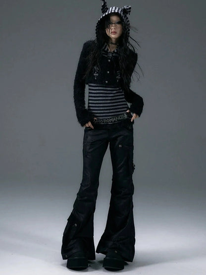 NO ROMANCE Embroidered Cross Striped Slim Hooded Buttoned Acrylic Blend Young Women Jacket