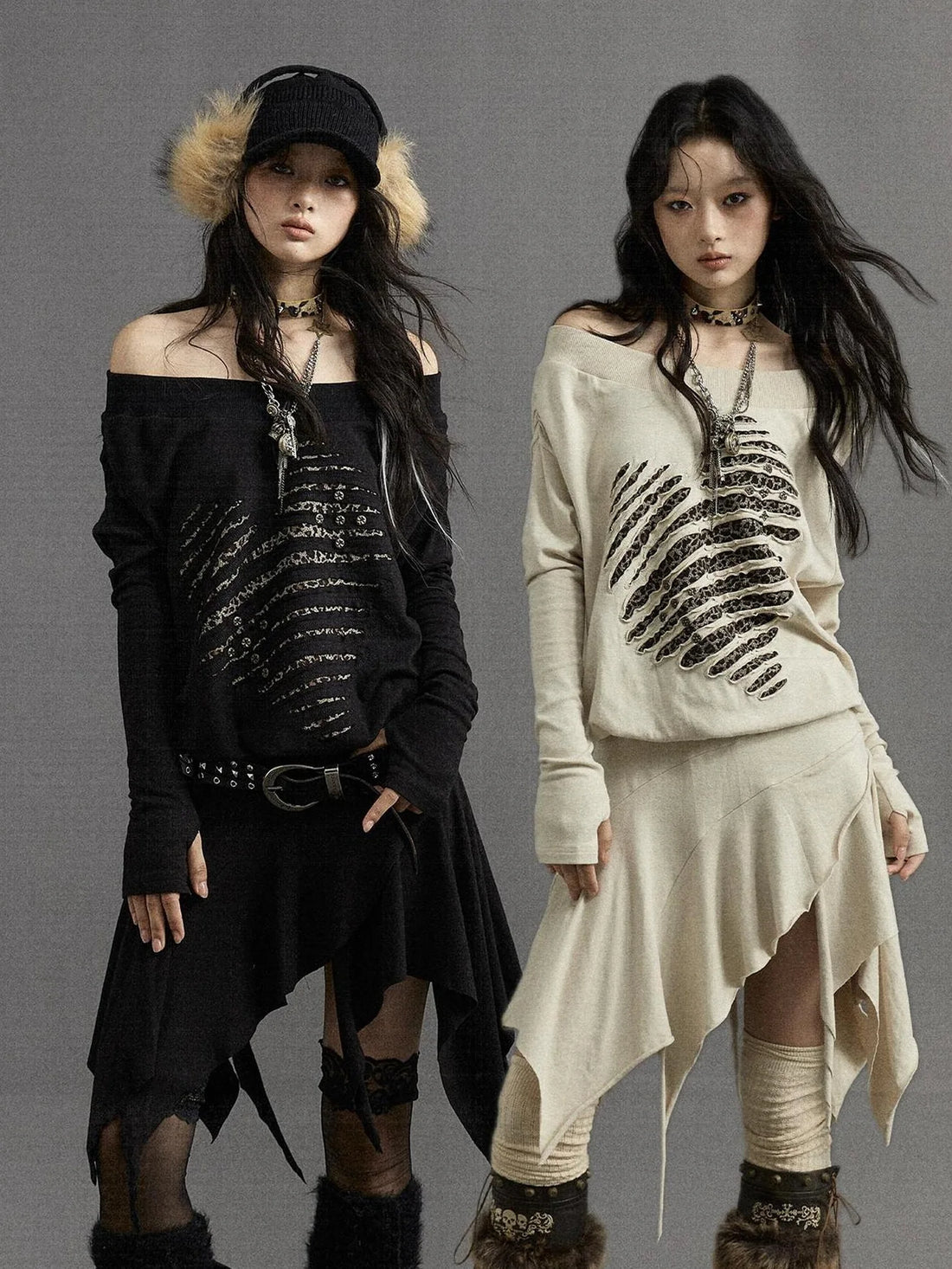 NO ROMANCE Embroidered Off Shoulder Fitted Waist Punk Long Sleeve Knit Women Dresses