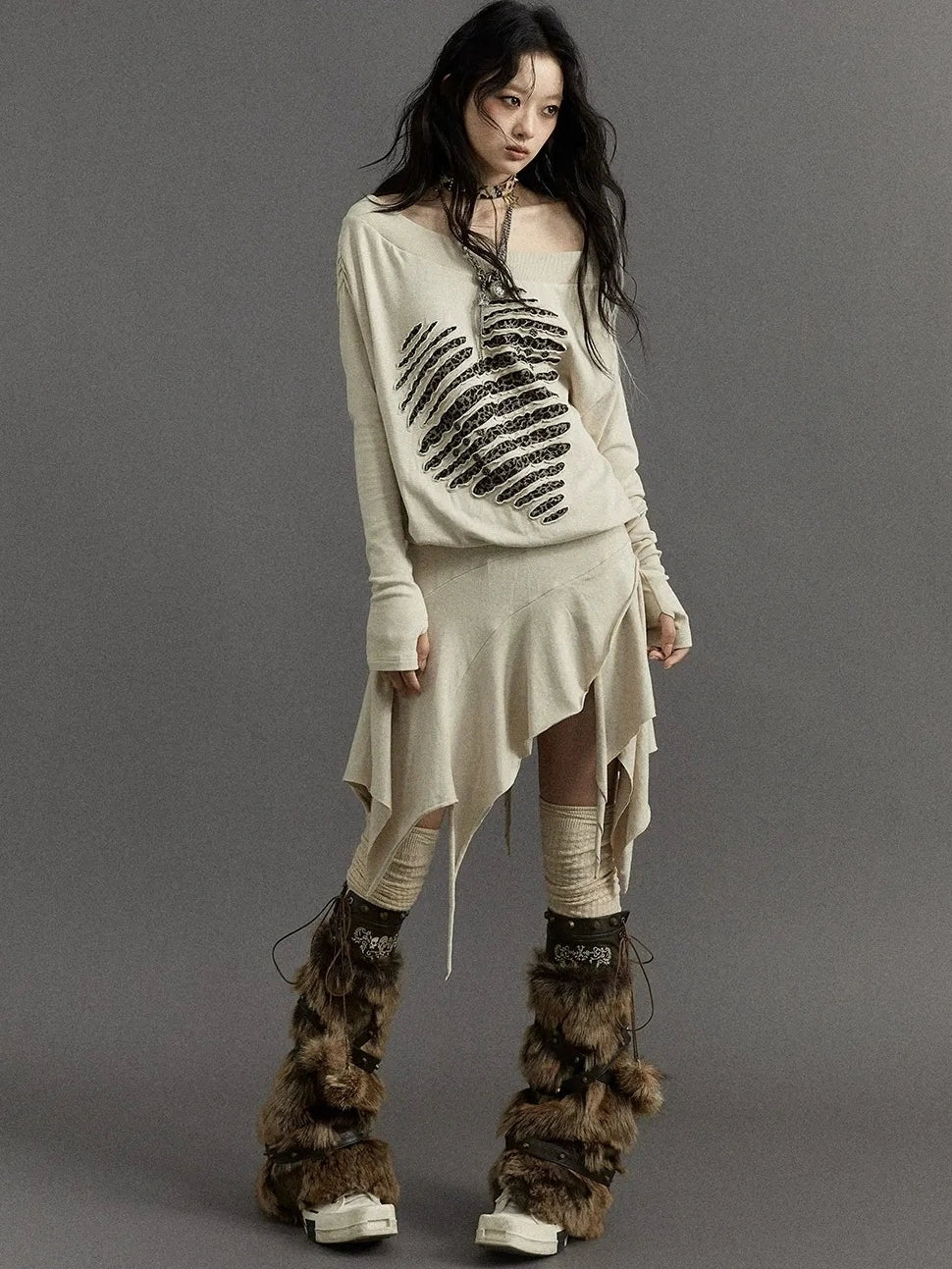 NO ROMANCE Embroidered Off Shoulder Fitted Waist Punk Long Sleeve Knit Women Dresses