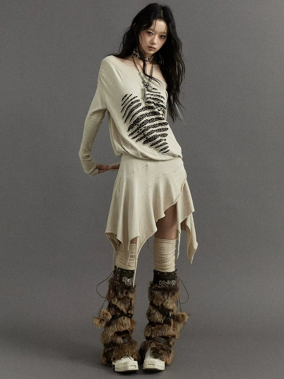 NO ROMANCE Embroidered Off Shoulder Fitted Waist Punk Long Sleeve Knit Women Dresses