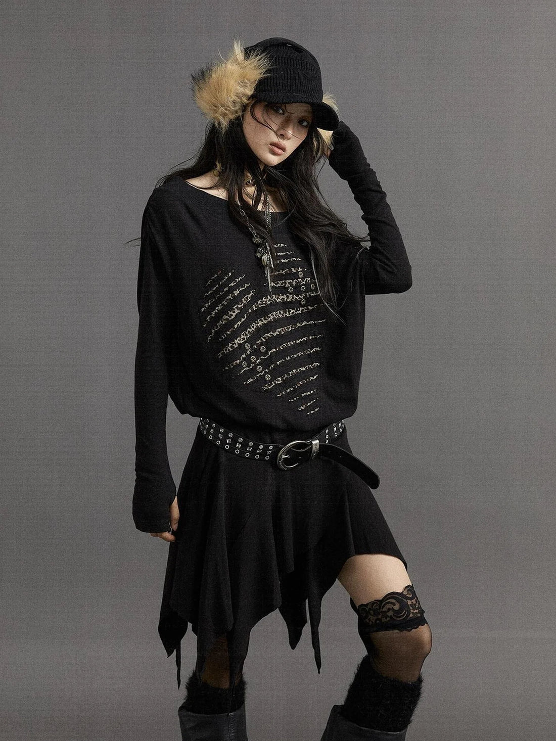 NO ROMANCE Embroidered Off Shoulder Fitted Waist Punk Long Sleeve Knit Women Dresses