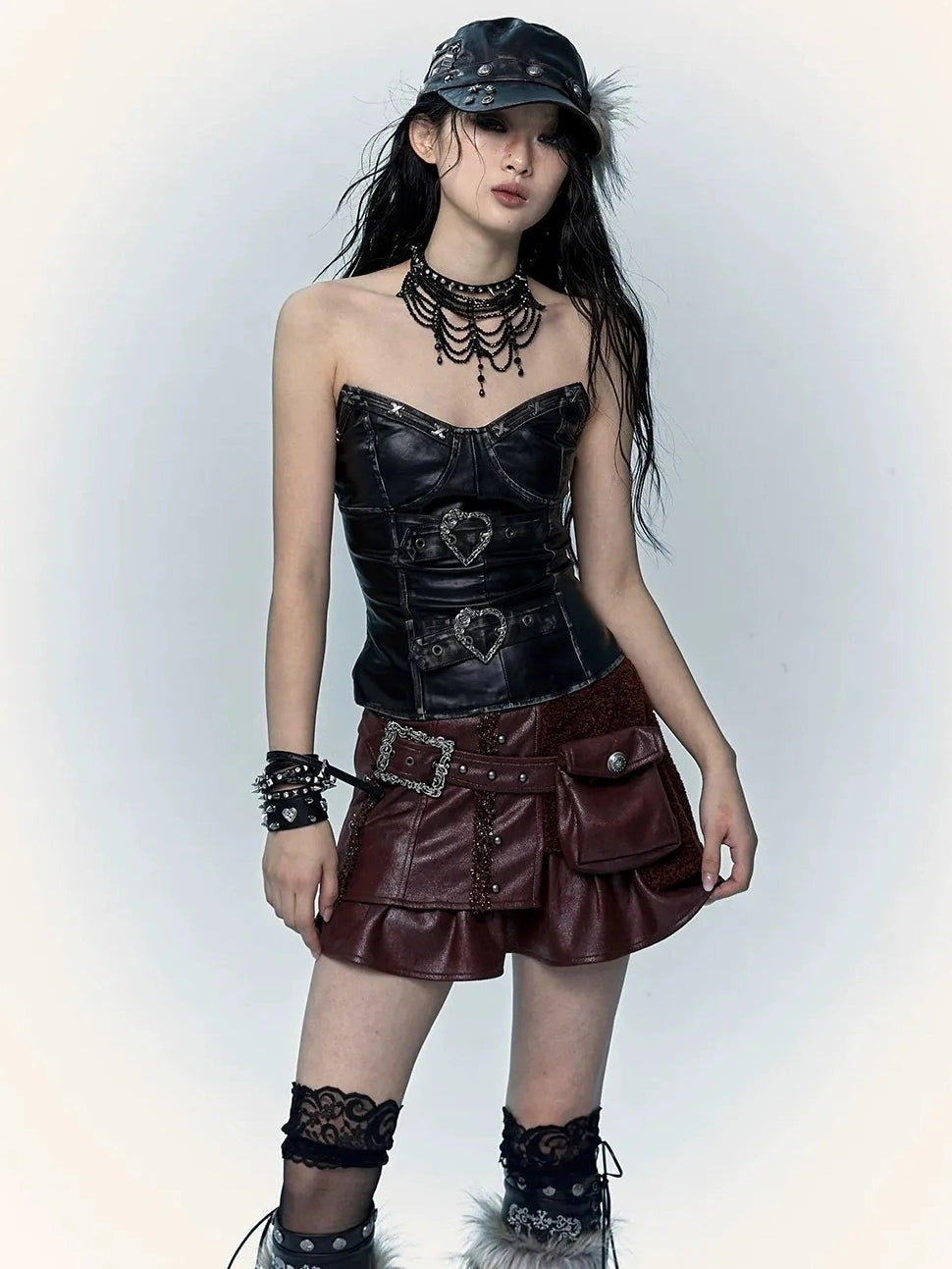 NO ROMANCE Faux Two Piece Retro A Line Low Waist Women Stretch Patchwork Burgundy Skirt