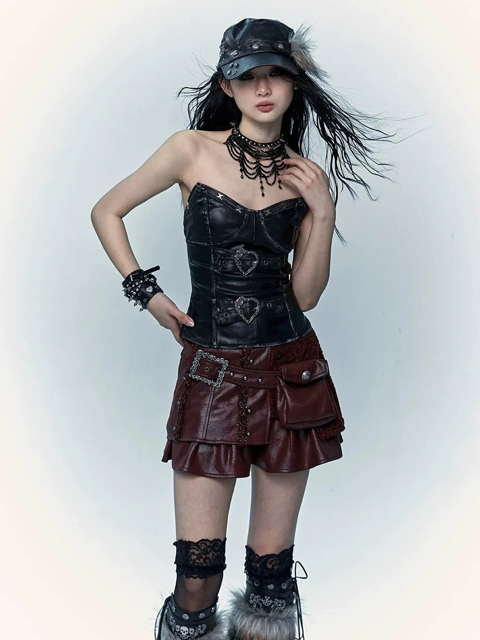 NO ROMANCE Faux Two Piece Retro A Line Low Waist Women Stretch Patchwork Burgundy Skirt