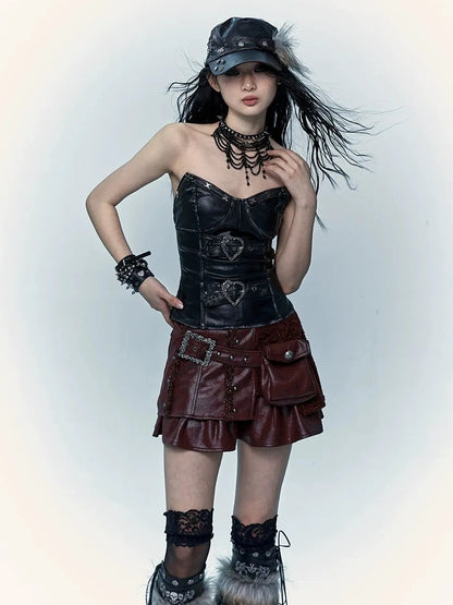 NO ROMANCE Faux Two Piece Retro A Line Low Waist Women Stretch Patchwork Burgundy Skirt