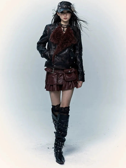 NO ROMANCE Faux Two Piece Retro A Line Low Waist Women Stretch Patchwork Burgundy Skirt