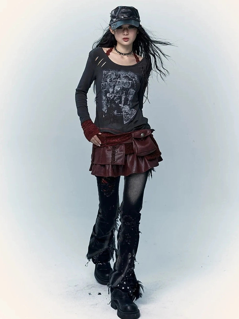 NO ROMANCE Faux Two Piece Retro A Line Low Waist Women Stretch Patchwork Burgundy Skirt