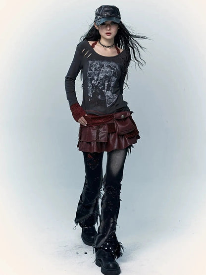 NO ROMANCE Faux Two Piece Retro A Line Low Waist Women Stretch Patchwork Burgundy Skirt