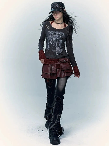 NO ROMANCE Faux Two Piece Retro A Line Low Waist Women Stretch Patchwork Burgundy Skirt