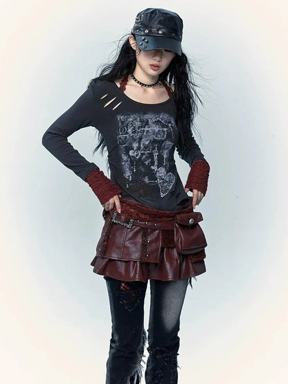 NO ROMANCE Faux Two Piece Retro A Line Low Waist Women Stretch Patchwork Burgundy Skirt