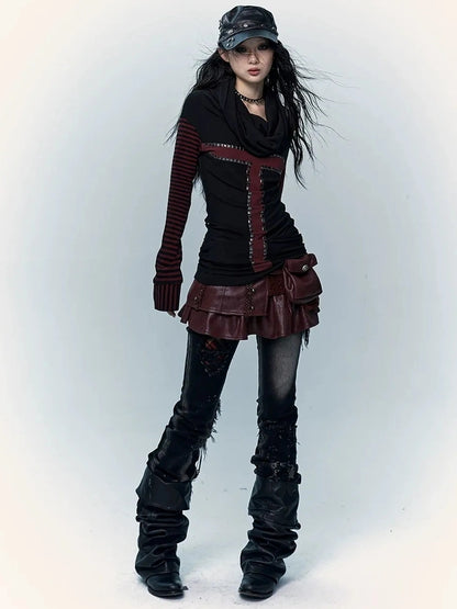 NO ROMANCE Faux Two Piece Retro A Line Low Waist Women Stretch Patchwork Burgundy Skirt