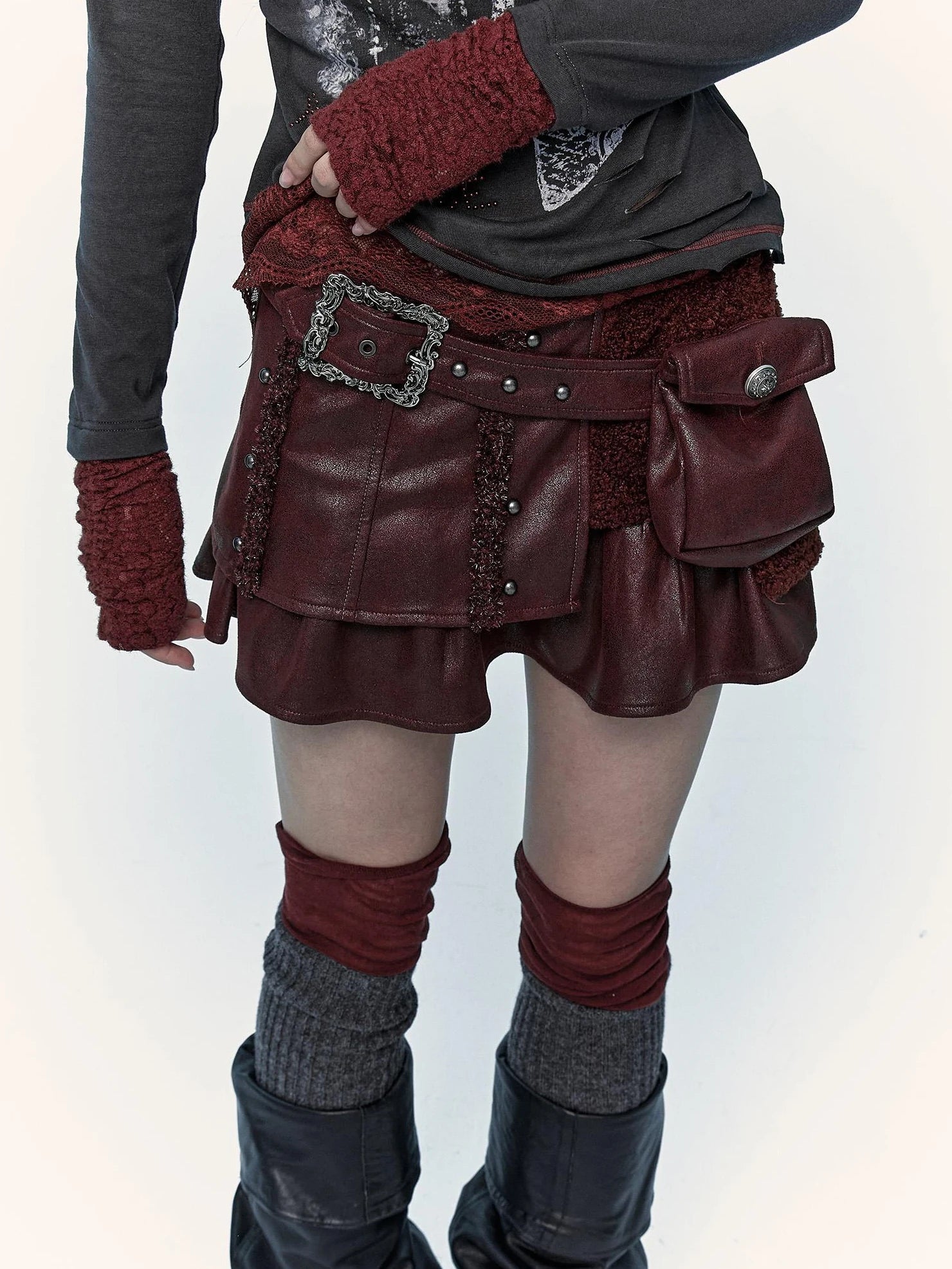 NO ROMANCE Faux Two Piece Retro A Line Low Waist Women Stretch Patchwork Burgundy Skirt