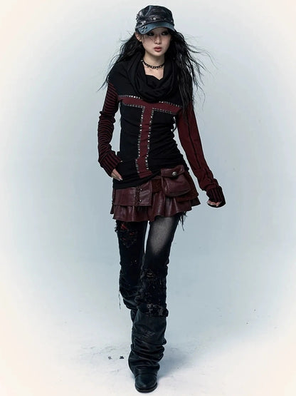 NO ROMANCE Faux Two Piece Retro A Line Low Waist Women Stretch Patchwork Burgundy Skirt