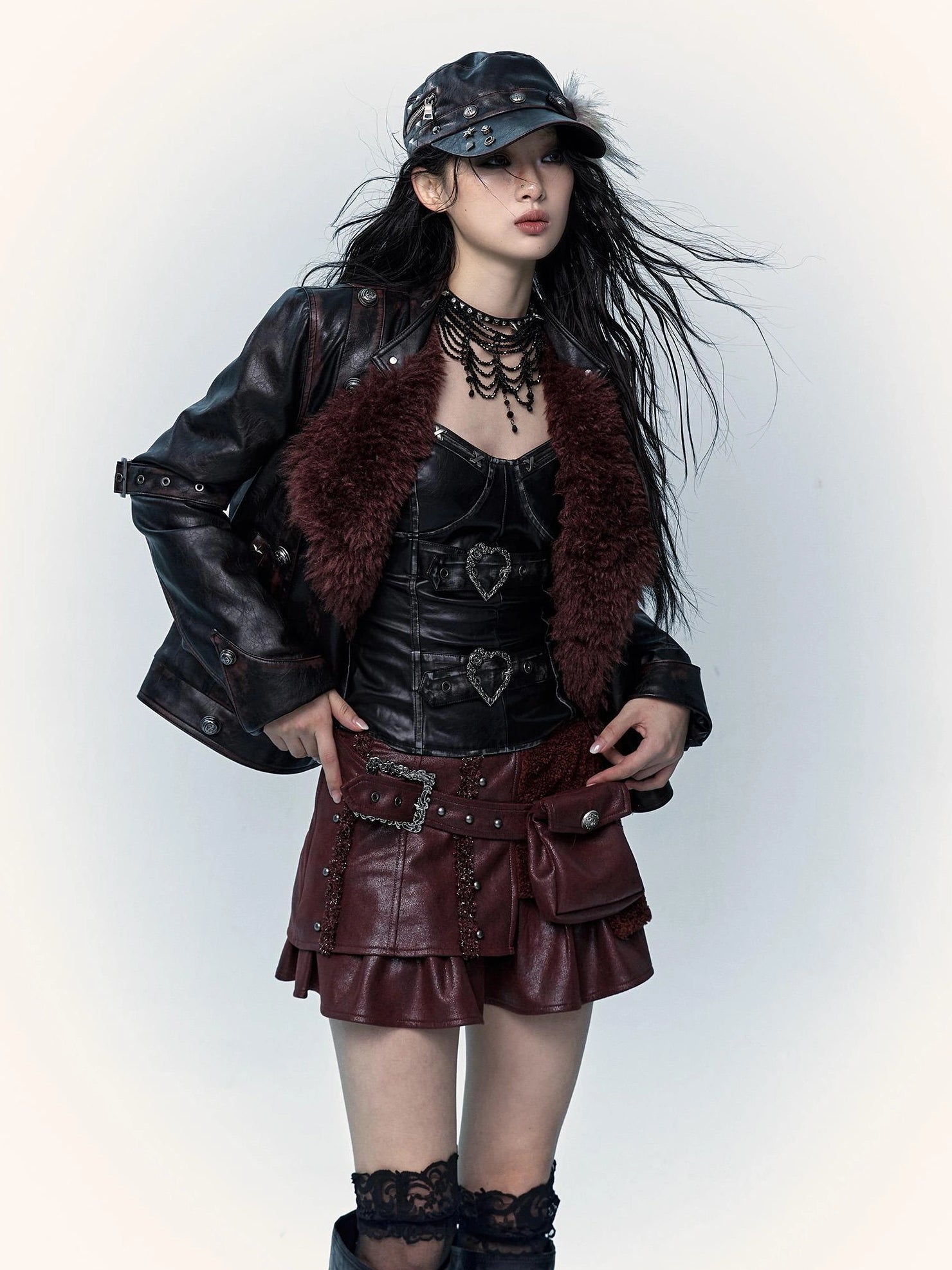 NO ROMANCE Faux Two Piece Retro A Line Low Waist Women Stretch Patchwork Burgundy Skirt