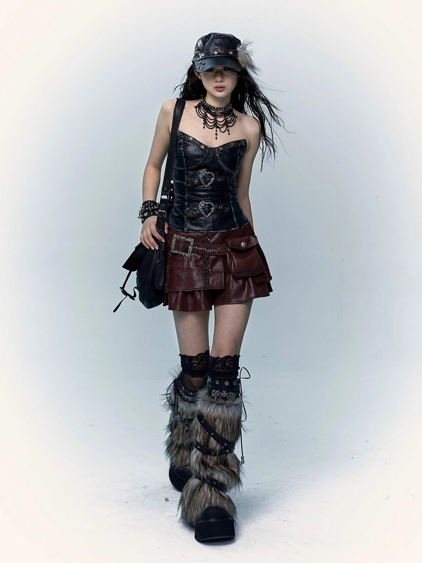 NO ROMANCE Faux Two Piece Retro A Line Low Waist Women Stretch Patchwork Burgundy Skirt