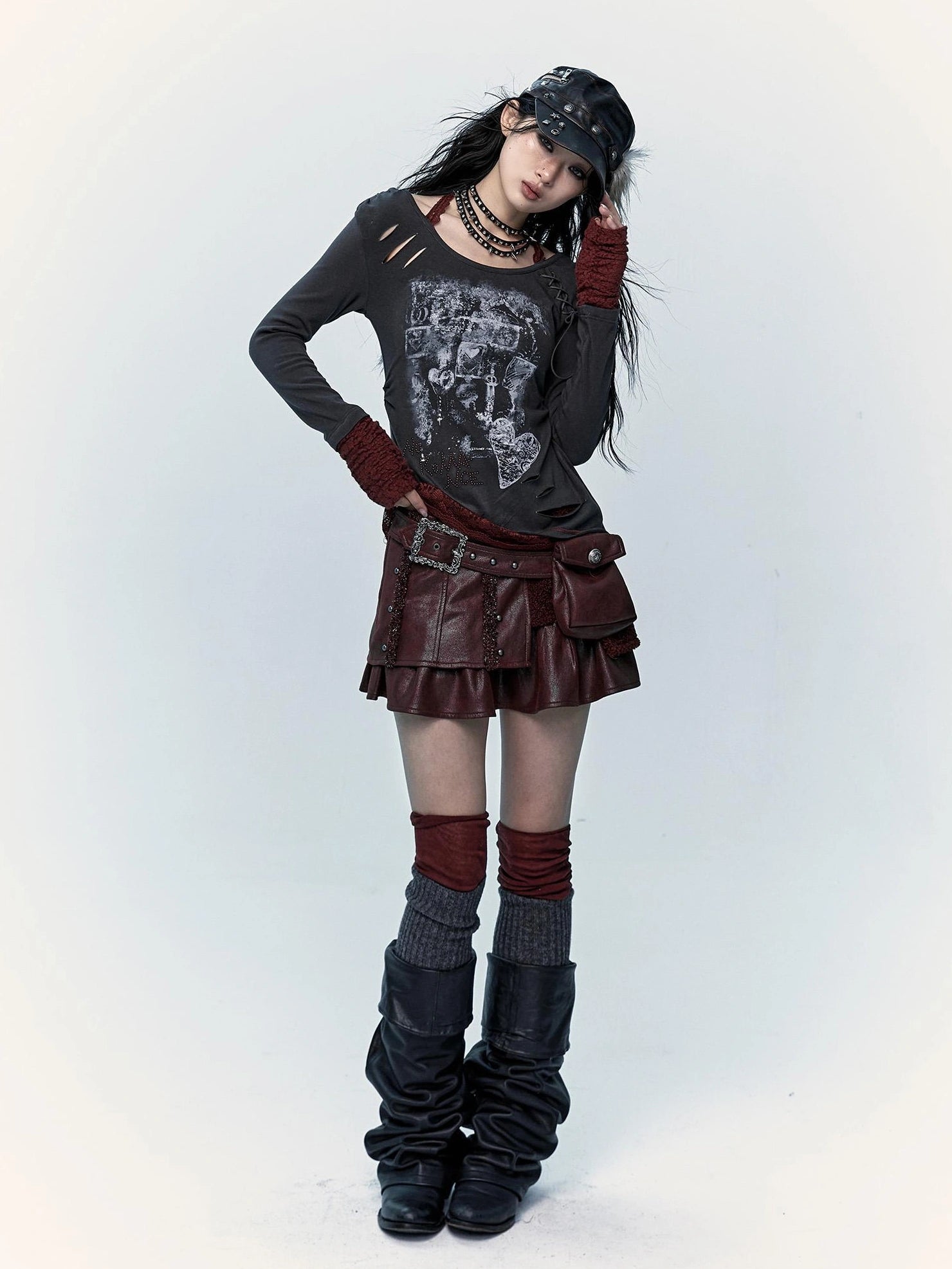 NO ROMANCE Faux Two Piece Retro A Line Low Waist Women Stretch Patchwork Burgundy Skirt