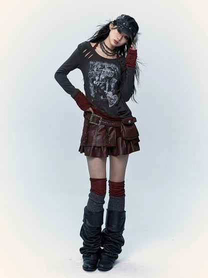 NO ROMANCE Faux Two Piece Retro A Line Low Waist Women Stretch Patchwork Burgundy Skirt