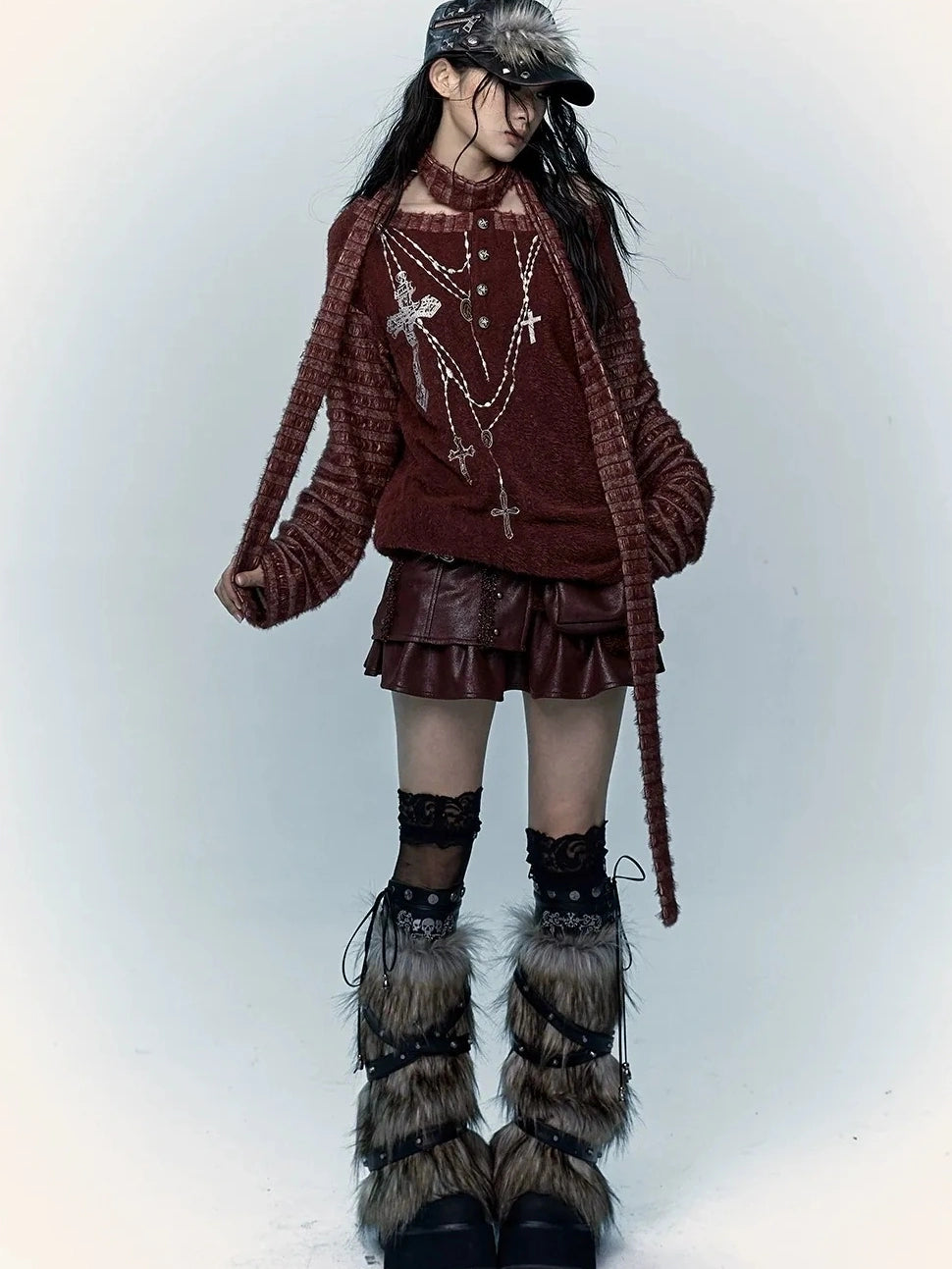 NO ROMANCE Faux Two Piece Retro A Line Low Waist Women Stretch Patchwork Burgundy Skirt