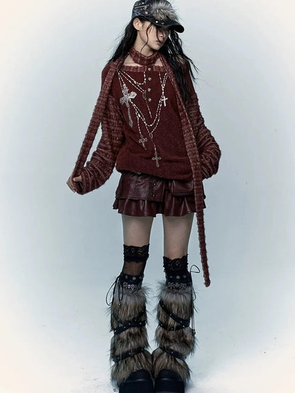 NO ROMANCE Faux Two Piece Retro A Line Low Waist Women Stretch Patchwork Burgundy Skirt