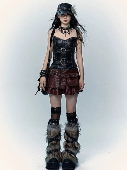 NO ROMANCE Faux Two Piece Retro A Line Low Waist Women Stretch Patchwork Burgundy Skirt