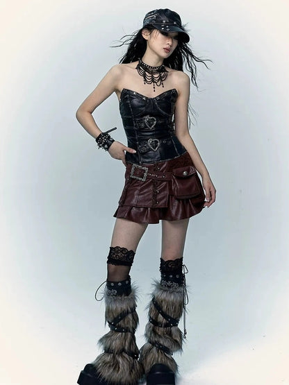 NO ROMANCE Faux Two Piece Retro A Line Low Waist Women Stretch Patchwork Burgundy Skirt