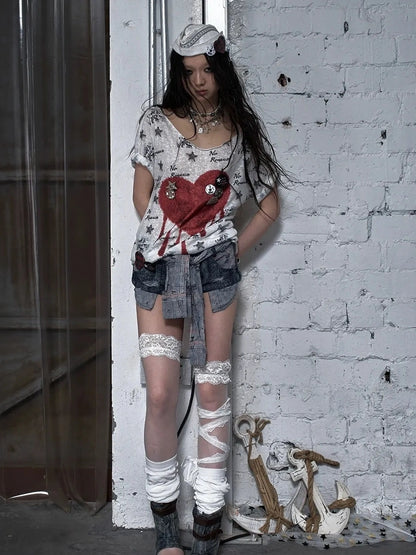 NO ROMANCE Flattering Slim Fit Natural Waist Snowflake Blue Original Design Women Short