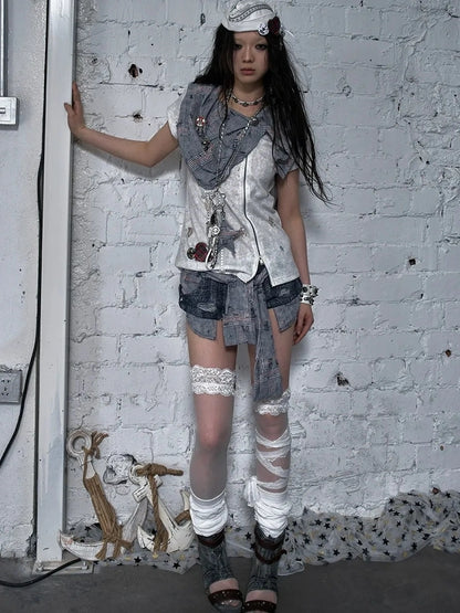 NO ROMANCE Flattering Slim Fit Natural Waist Snowflake Blue Original Design Women Short