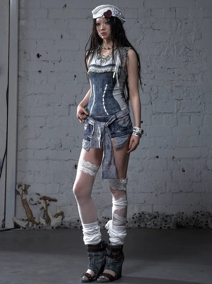 NO ROMANCE Flattering Slim Fit Natural Waist Snowflake Blue Original Design Women Short