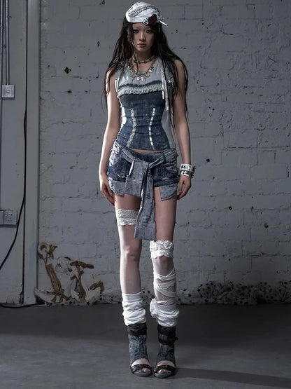 NO ROMANCE Flattering Slim Fit Natural Waist Snowflake Blue Original Design Women Short