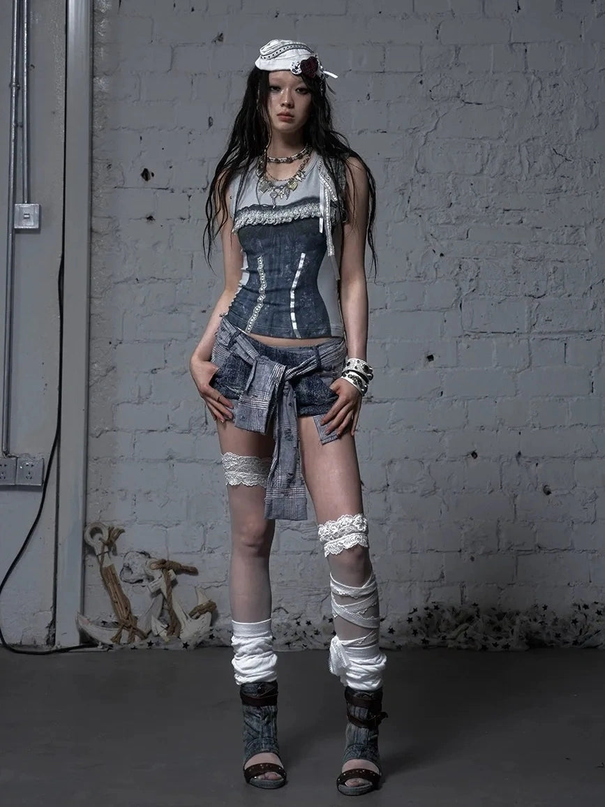 NO ROMANCE Flattering Slim Fit Natural Waist Snowflake Blue Original Design Women Short