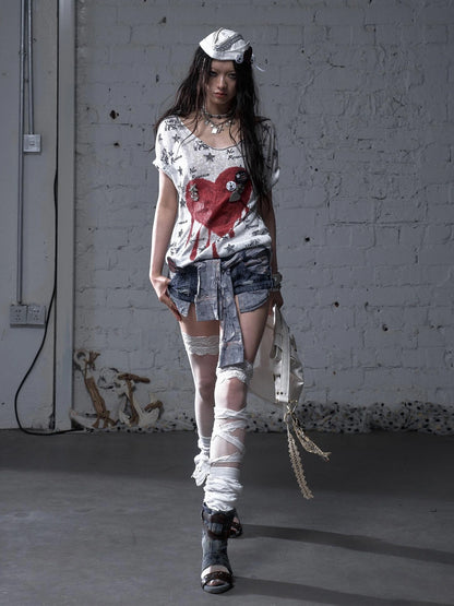 NO ROMANCE Flattering Slim Fit Natural Waist Snowflake Blue Original Design Women Short