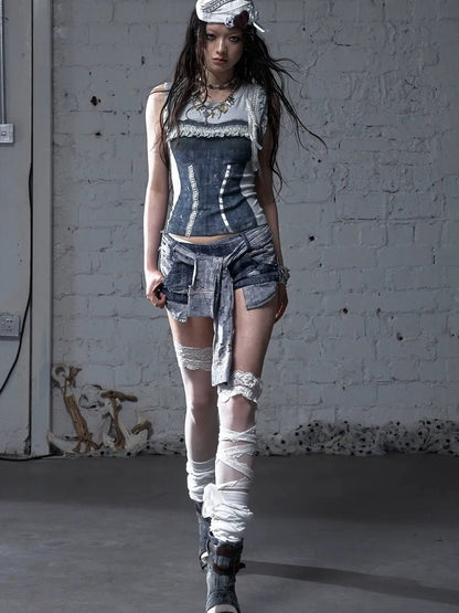 NO ROMANCE Flattering Slim Fit Natural Waist Snowflake Blue Original Design Women Short