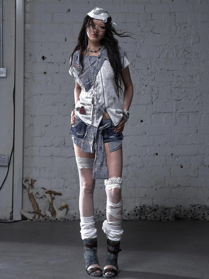 NO ROMANCE Flattering Slim Fit Natural Waist Snowflake Blue Original Design Women Short