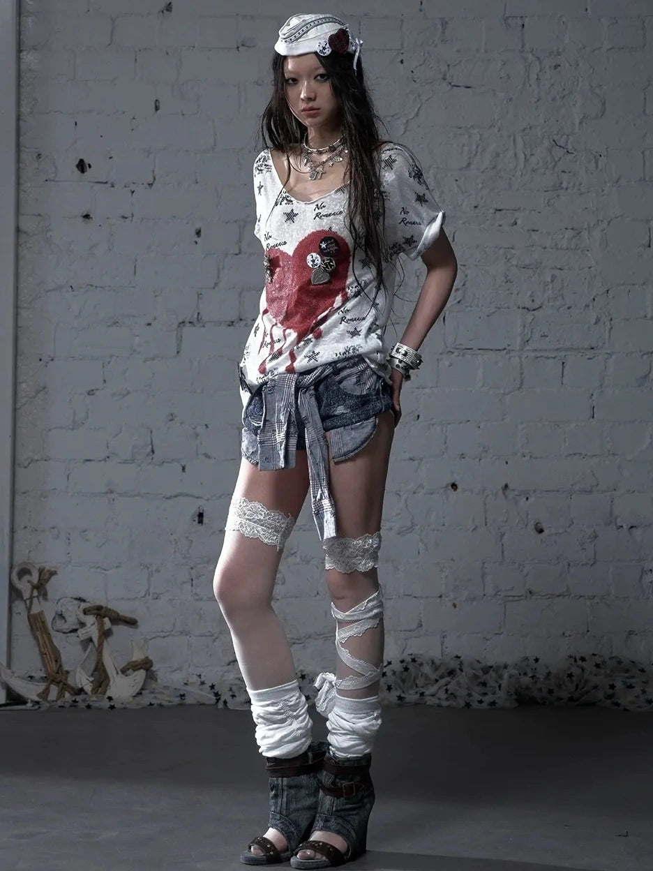 NO ROMANCE Flattering Slim Fit Natural Waist Snowflake Blue Original Design Women Short