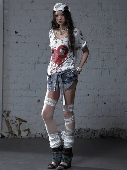 NO ROMANCE Flattering Slim Fit Natural Waist Snowflake Blue Original Design Women Short