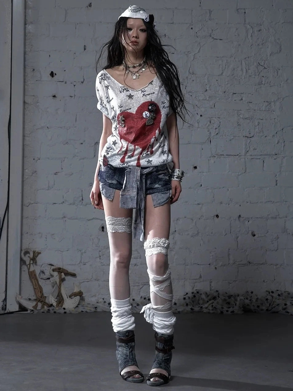 NO ROMANCE Flattering Slim Fit Natural Waist Snowflake Blue Original Design Women Short