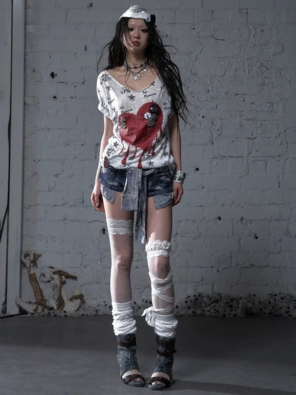 NO ROMANCE Flattering Slim Fit Natural Waist Snowflake Blue Original Design Women Short