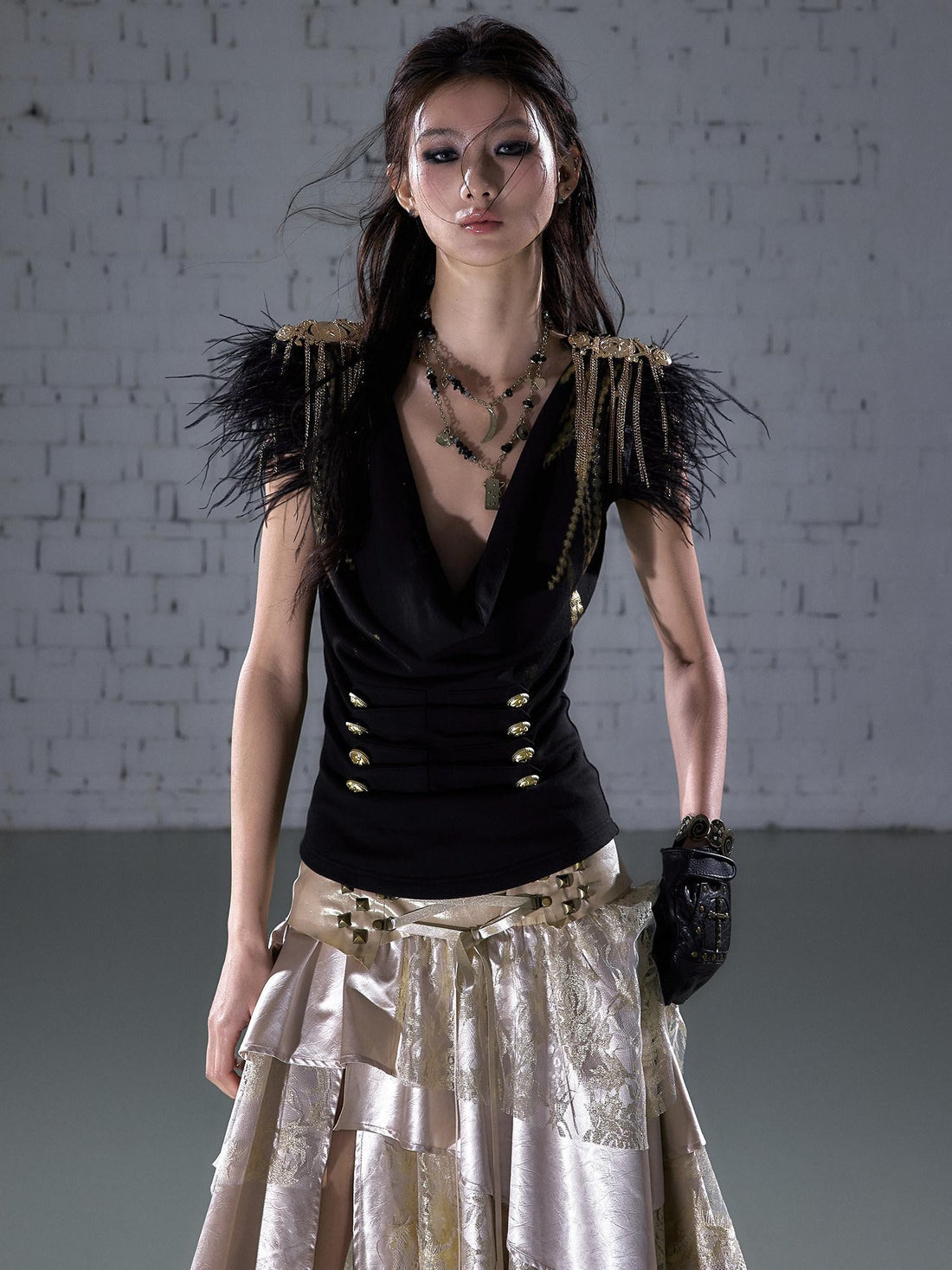 NO ROMANCE Gold Foil Ostrich Tassel Epaulet Drape Neck Slim Women&