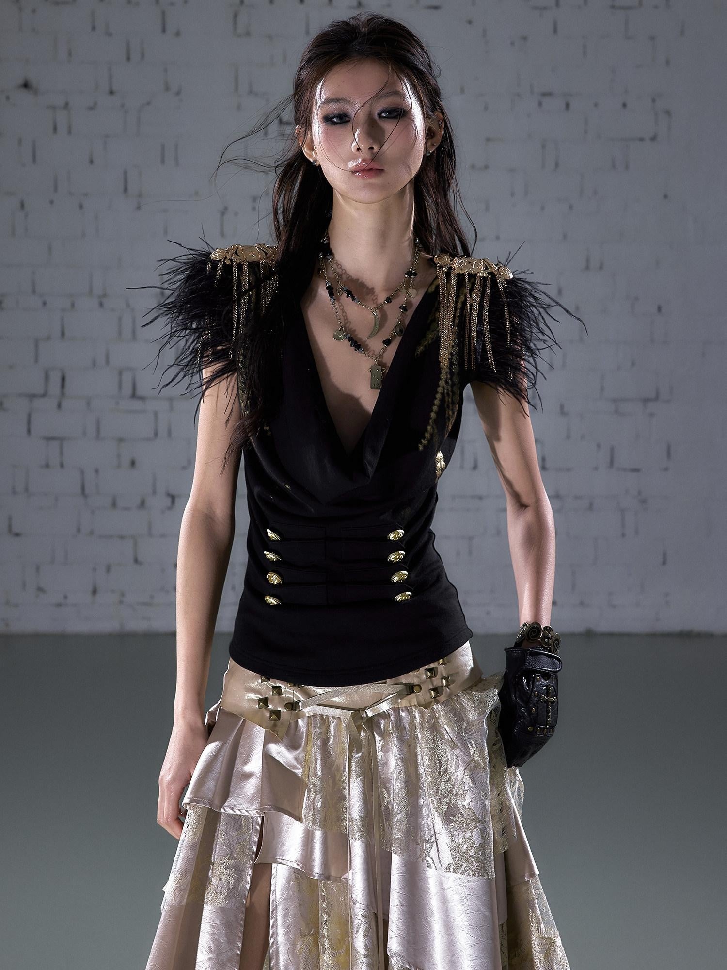 NO ROMANCE Gold Foil Ostrich Tassel Epaulet Drape Neck Slim Women&