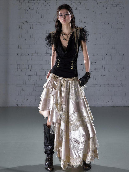 NO ROMANCE Gold Foil Ostrich Tassel Epaulet Drape Neck Slim Women&