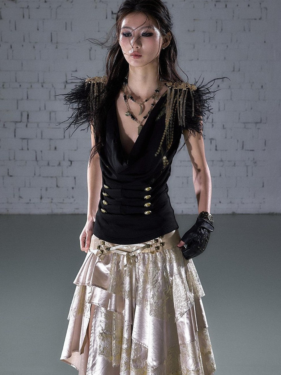 NO ROMANCE Gold Foil Ostrich Tassel Epaulet Drape Neck Slim Women&