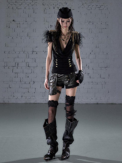 NO ROMANCE Gold Foil Ostrich Tassel Epaulet Drape Neck Slim Women&