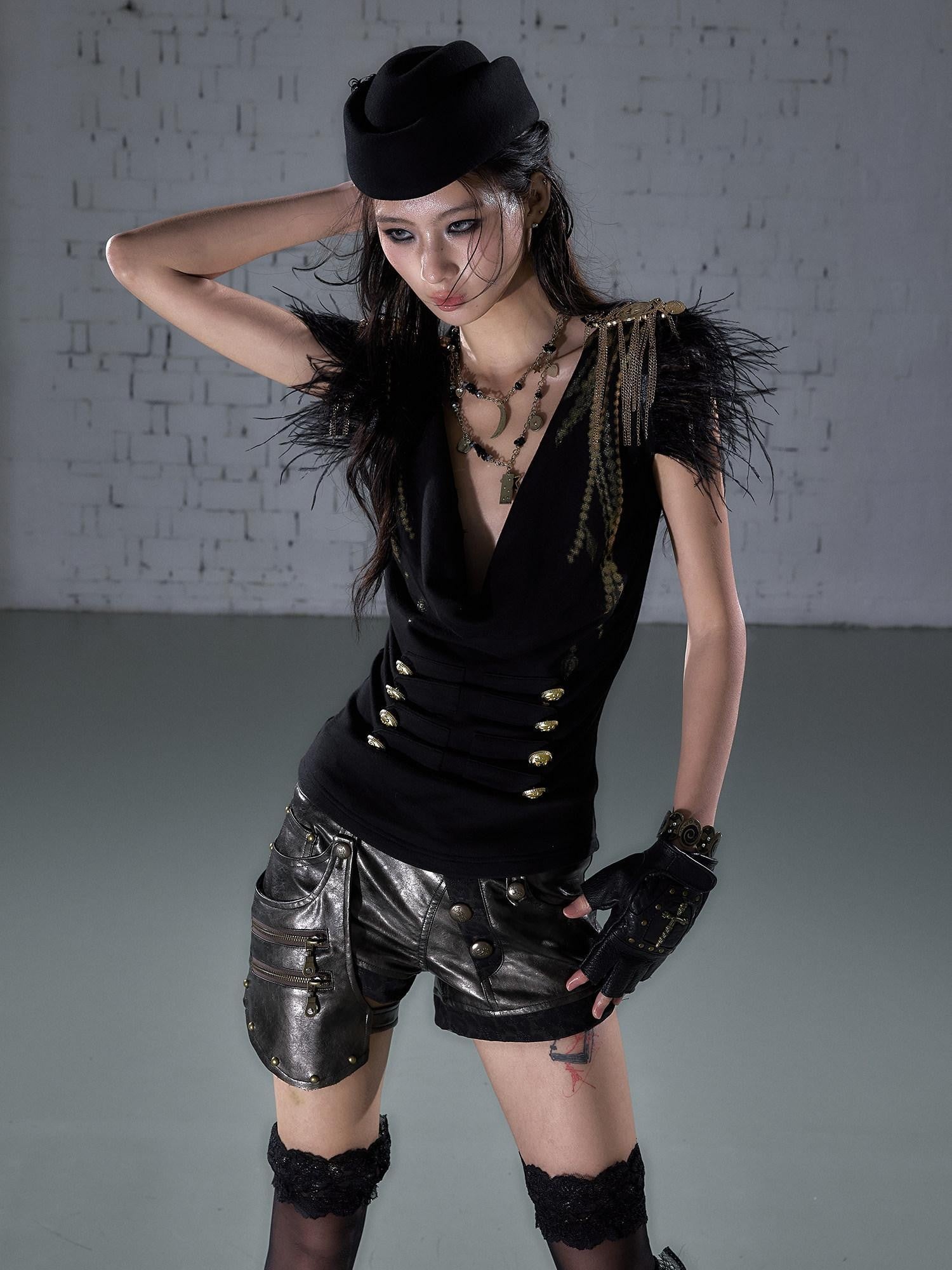 NO ROMANCE Gold Foil Ostrich Tassel Epaulet Drape Neck Slim Women&