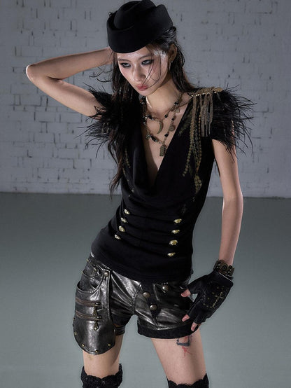NO ROMANCE Gold Foil Ostrich Tassel Epaulet Drape Neck Slim Women&