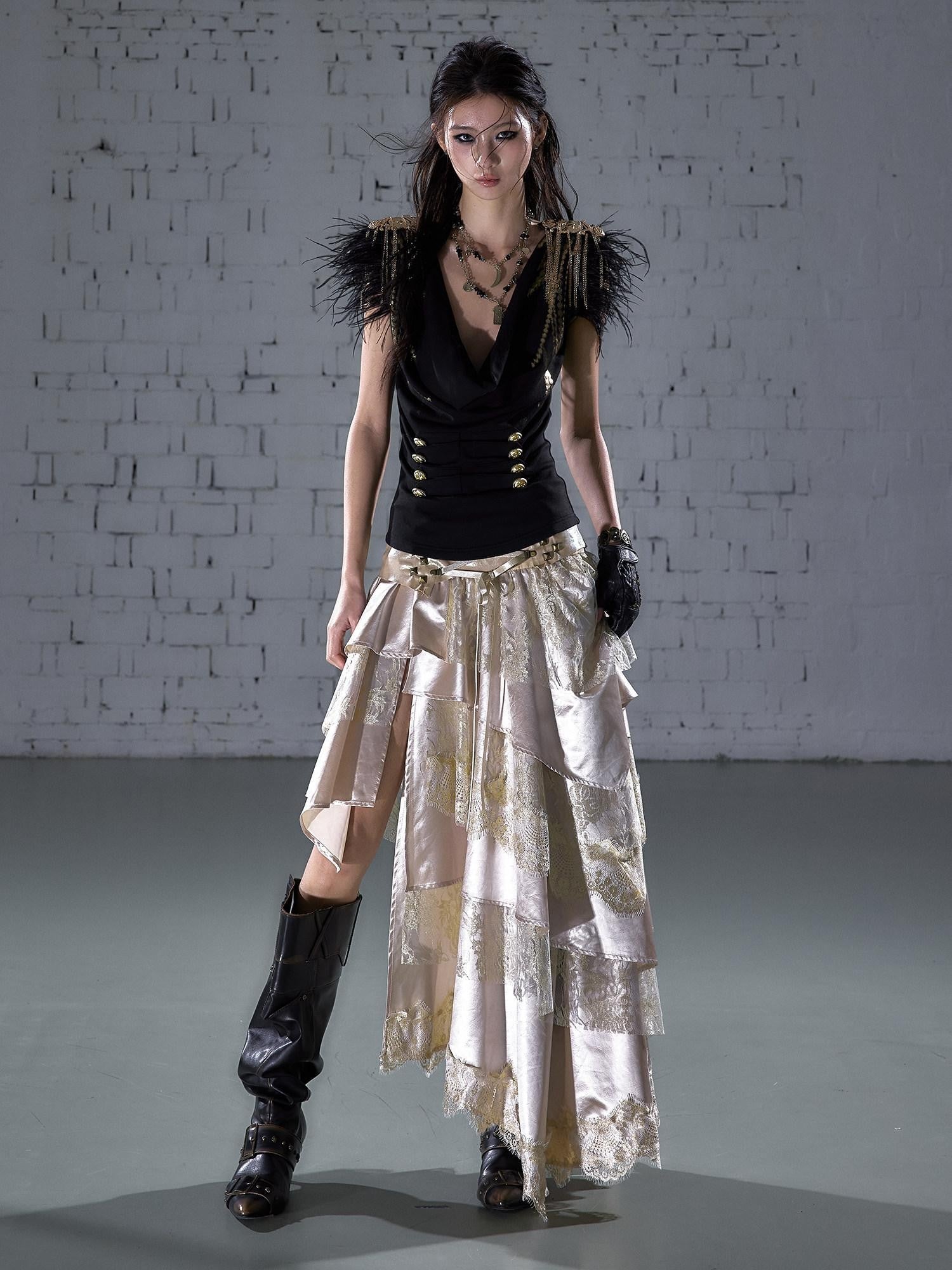 NO ROMANCE Gold Foil Ostrich Tassel Epaulet Drape Neck Slim Women&
