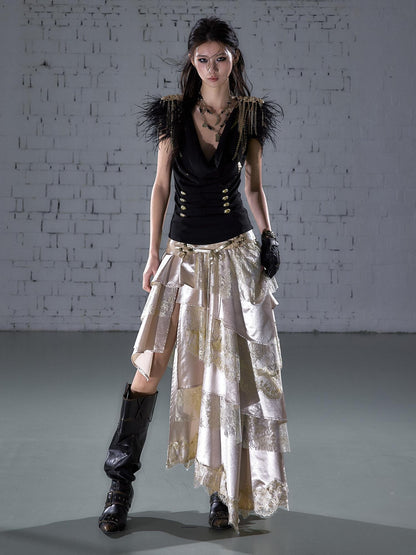 NO ROMANCE Gold Foil Ostrich Tassel Epaulet Drape Neck Slim Women&