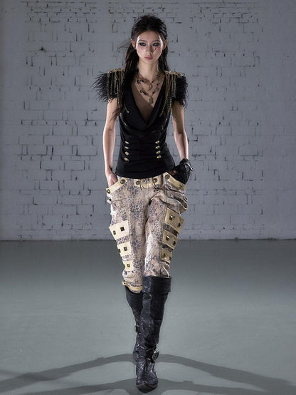 NO ROMANCE Gold Foil Ostrich Tassel Epaulet Drape Neck Slim Women&